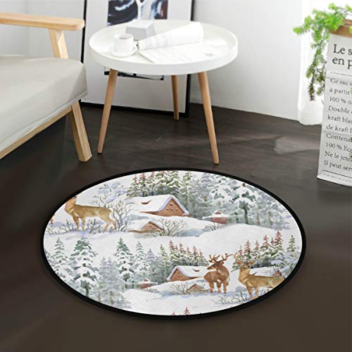 Mnsruu Teppich mit weihnachtlichem Hirsch, Winterwald, Schneelandschaft, Natur, rund, für Wohnzimmer, Schlafzimmer, 92 cm Durchmesser von Mnsruu