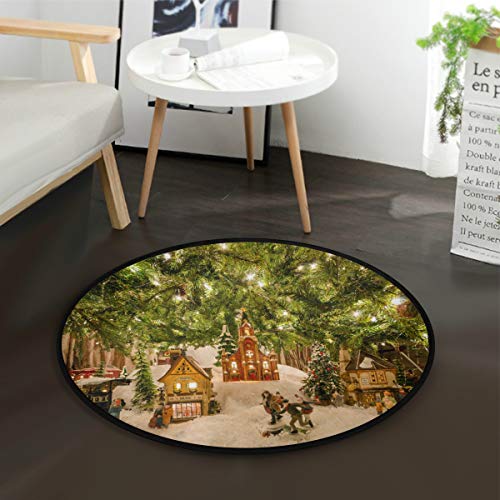 Mnsruu Christmas Village Baum Winterbaum Runder Teppich für Wohnzimmer Schlafzimmer 92 cm Durchmesser von Mnsruu