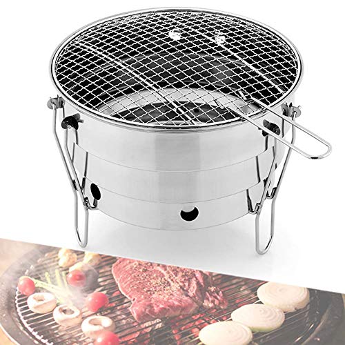 MNSSRN Mini Outdoor Runde Holzkohlegrill, Edelstahl Mini Runde Grill Holzkohle Klappgrill Net, verwendet für Outdoor Camping Picknickkochen, geeignet für 2-4 Personen (28 * 21,5 cm) von MNSSRN