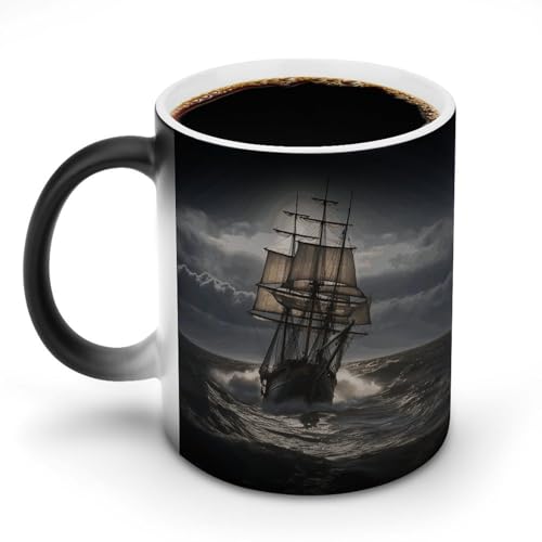 MNVTSKOP Hitzeempfindliche Tasse, Kaffeetasse, wärmewechselnde Tasse, Segelschiff im Sturm, lustige Verfärbung, Keramiktasse, magische Kaffeetasse, Farbwechsel, Reisebecher von MNVTSKOP