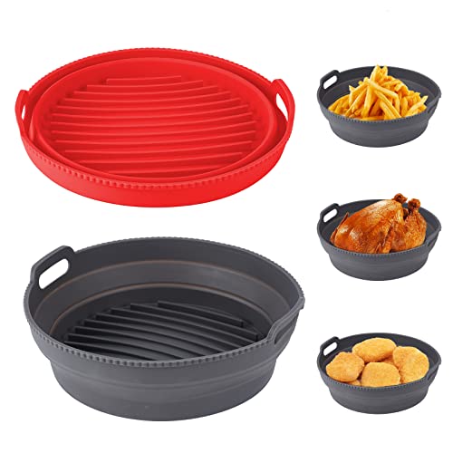 MOACC 2PCS Silikonform Für Heißluftfritteuse, 21.5cm Air Fryer Silicone Pot Wiederverwendbar Luftfritteuse Silikontopf, Hitzebeständig Einfache Reinigung für Mikrowelle Ofenzubehör, Grau + Rot von MOACC