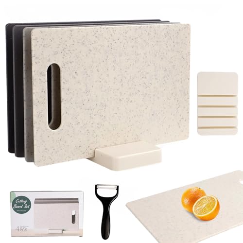 MAOMUN 6 Stück Schneidebrett Kunststoff mit Ständer und Schäler, BPA Freies Frühstücksbrettchen Cutting Board Rutschfest, Vielseitige Schneidbrett Schneidebretter für Fleisch Delikatessen Gemüse Obst von MOAMUN
