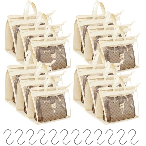 MOAMUN 12 Handtaschen Aufbewahrung mit Reißverschluss Griff und 12 Haken, Klare PVC Taschen Aufbewahrung, Weiß Kunststoff Taschenaufbewahrung Taschen Organizer Schrank für Kleiderschrank (3 Größe) von MOAMUN