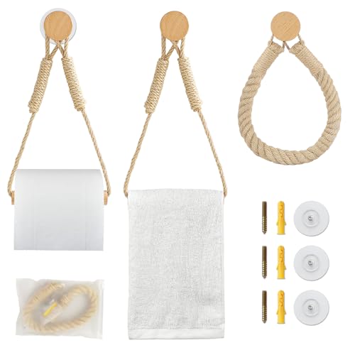 MOAMUN 3 Stück Seil Toilettenpapierhalter Holz, Klopapierhalter Ohne Bohren mit Hanfseil, Boho Deko Wc Papier Halterung Wc Rollenhalter Toilettenpapier Aufbewahrung für Küche und Bad von MOAMUN