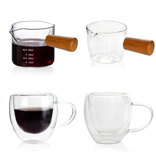 MOAMUN 4 Stück Doppelwandige Gläser Espressotassen Set, 2 Thermogläser Doppelwandig 80ml mit Griffen, 2 Espresso Kännchen mit V-Förmigem Mund Und Holzgriff, Kaffeetassen für Kalte Oder Heiße Getränke von MOAMUN