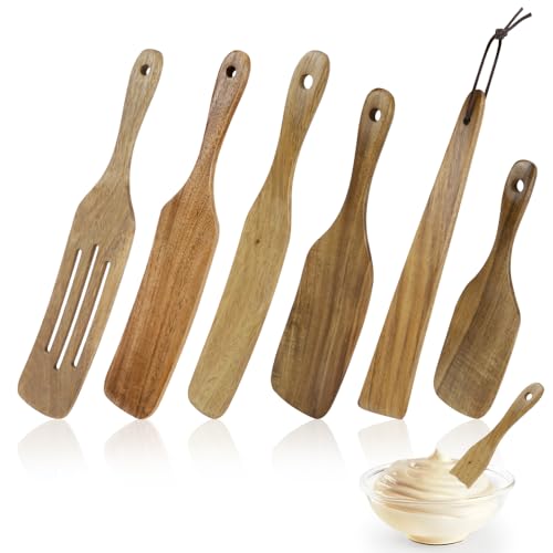 MOAMUN 6 Stück Pfannenwender Holz, Antihaft Kochlöffel Set Holzlöffel Holzkochlöffel mit Hängenden Löchern, Hitzebeständig Spatula Küchenutensilien zum Servieren Rühren Mischen Schaben Schaufeln von MOAMUN