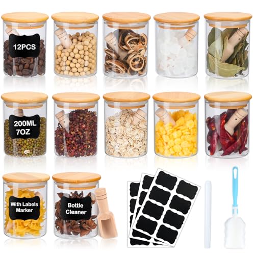 MOAMUN Gewürzgläser 12er set mit 12 Holzlöffeln, 200ML Luftdichtes Gewürzdosen mit Bambusdeckel, Etiketten, Stift und Schwammbürste, Beheizbare Gewürzbehälter für Gewürze Gewürztee Kräuter Körner von MOAMUN
