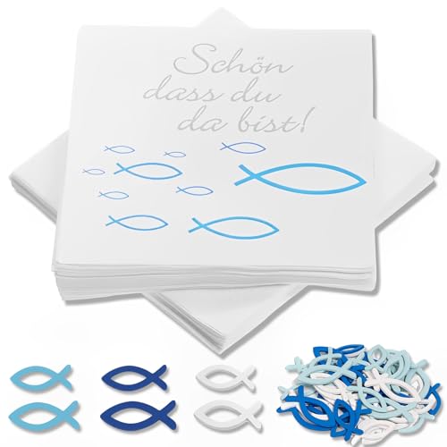 MOAZIFI 40 Stück Servietten Und 60 Stück Holz Fische Deko, 'Schön, dass du da bist!', Servietten Kommunion, Servietten Konfirmation, Servietten Taufe, Für Konfirmation﻿, Kommunion, Taufe von MOAZIFI