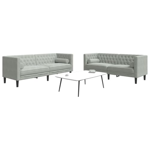 MOBCANT 2-TLG. Chesterfield-Sofa-Set mit Nackenrollen Hellgrau Samt Wohnlandschaft Couch Polstergarnitur Schlafcouch für Wohnzimmer Wohnung Schlafzimmer Büro von MOBCANT