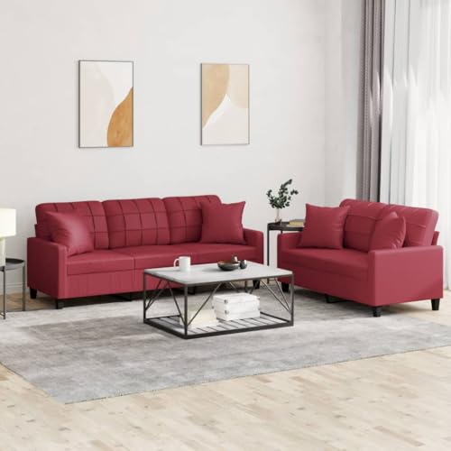MOBCANT 2-TLG. Sofagarnitur mit Kissen Weinrot Kunstleder Schlafsofa Modulares Sofa Polstergarnitur Schlafcouch für Empfangsraum Schlafzimmer Büro Wohnung von MOBCANT