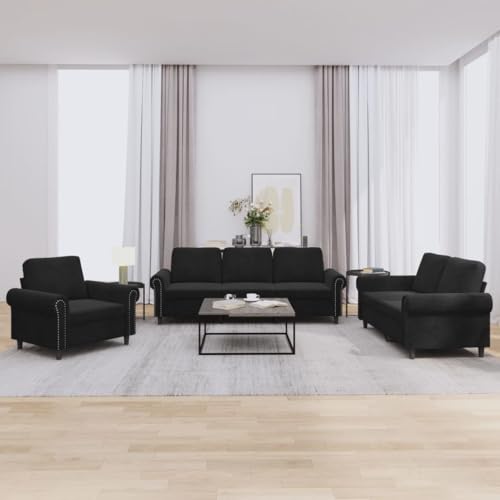 MOBCANT 3-TLG. Sofagarnitur mit Kissen Schwarz Samt Wohnlandschaft Couch Couchgarnitur Schlafcouch für Büro Wohnung Schlafzimmer Empfangsraum von MOBCANT