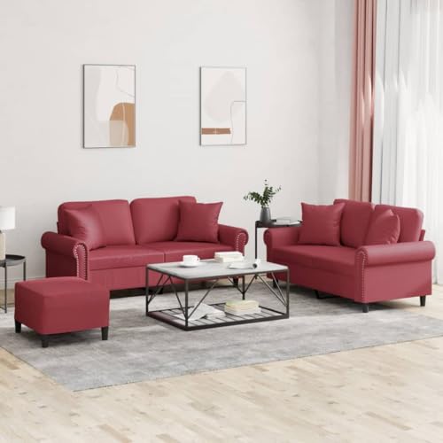 MOBCANT 3-TLG. Sofagarnitur mit Kissen Weinrot Kunstleder Sofagarnitur Couch Couchgarnitur Schlafsofa für Büro Schlafzimmer Hotel Wohnzimmer von MOBCANT