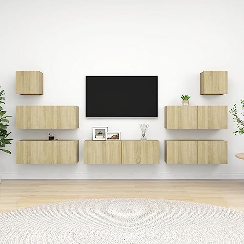 MOBCANT 7-TLG. TV-Schrank-Set, Wandschrank Fernseher Schrank Wohnwand Fernsehschrank Geeignet für Hotel Wohnung Wohnbereich Schlafzimmer Sonoma-Eiche Holzwerkstoff von MOBCANT