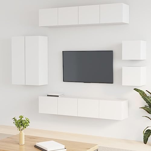 MOBCANT 8-TLG. TV-Schrank-Set, Fernseher Schrank Fernsehständer Fernsehschrank Wandschrank Geeignet für Schlafzimmer Wohnung Hotel Büro Weiß Holzwerkstoff von MOBCANT