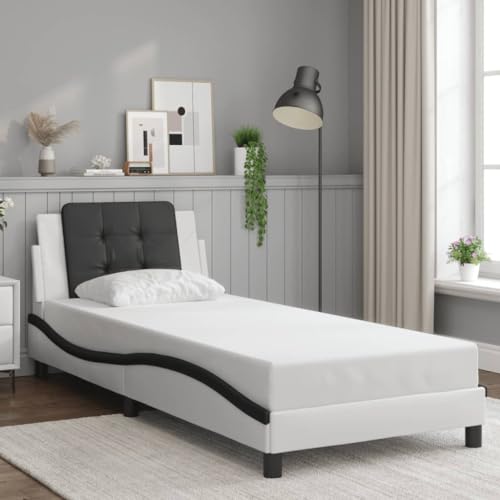 MOBCANT Bettgestell mit Kopfteil, Betten Bettstütze Futonbett Polsterbett Geeignet für Gästezimmer Hotel Schulen Schlafzimmer Weiß und Schwarz 100x200 cm Kunstleder von MOBCANT