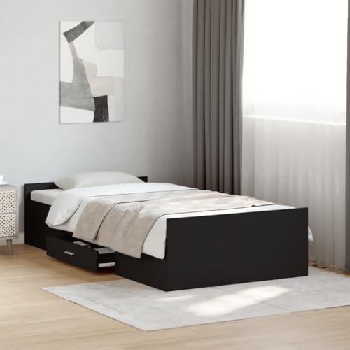 MOBCANT Bettgestell mit Schubladen, Futonbett Hausbett Familienbett Bettrahmen Geeignet für Hotel Schlafzimmer Wohnungen Gästezimmer Schwarz 100x200 cm Holzwerkstoff von MOBCANT