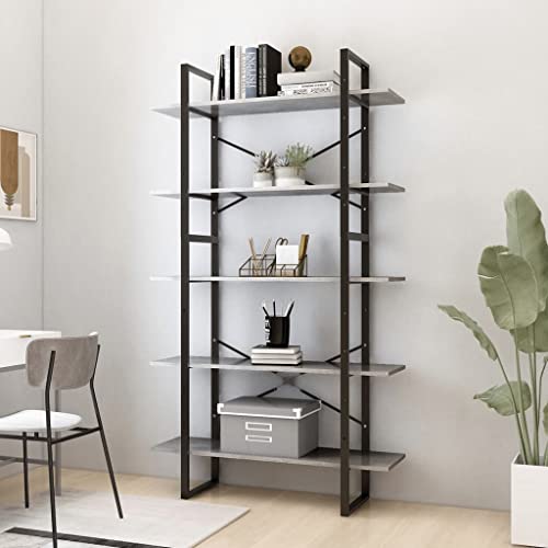 MOBCANT Bücherregal 5 Fächer Betongrau 100x30x175 cm Holzwerkstoff, Regal Lagerregal Bücherschrank Standregal Geeignet für Wohnzimmer Büro Arbeitszimmer Wohnung von MOBCANT