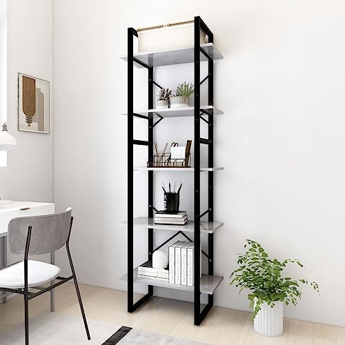 MOBCANT Bücherregal 5 Fächer Betongrau 60x30x175 cm Holzwerkstoff, Badregal Bücherschrank Bookshelf Lagerregal Geeignet für Wohnung Arbeitszimmer Schlafzimmer Wohnzimmer von MOBCANT