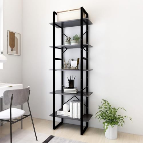 MOBCANT Bücherregal 5 Fächer Grau 60x30x175 cm Holzwerkstoff, Vitrinenschrank Bücherschrank Standregal Bookshelf Geeignet für Wohnung Schlafzimmer Wohnzimmer Hotel von MOBCANT