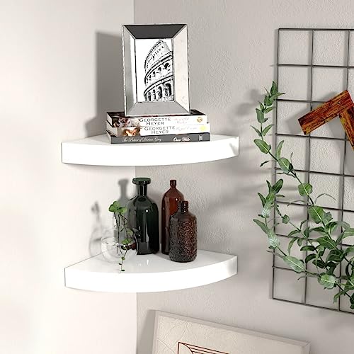 MOBCANT Eck-Schweberegale 2 STK. Hochglanz-Weiß 25x25x3,8 cm MDF, Hängeregal Bücherregal Wand Floating Shelves Schwebendes Regal Verwendbar für Arbeitszimmer Schlafzimmer Wohnzimmer Waschküche von MOBCANT
