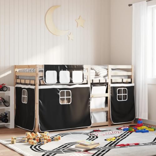 MOBCANT Etagenbett mit Vorhängen, Bett Futonbett Tagesbett Einzelbett Geeignet für Schlafzimmer Schulen Gästezimmer Hotel Weiß und Schwarz 75x190 cm Kiefernholz von MOBCANT