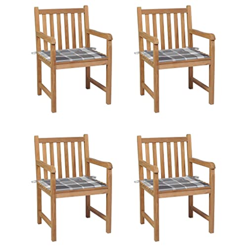 MOBCANT Gartenstühle 4 STK, Strandstühle Essstühle Gartensessel Loungestuhl Geeignet für Balkon Business Exhibition Patio Terrasse Graue Karomuster-Kissen Massivholz Teak von MOBCANT
