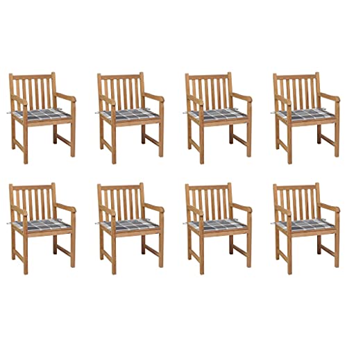 MOBCANT Gartenstühle 8 STK, Strandstühle Relaxstühle Essstühle Gartenmöbel Geeignet für Business Exhibition Balkon Terrasse Patio Graue Karomuster-Kissen Massivholz Teak von MOBCANT