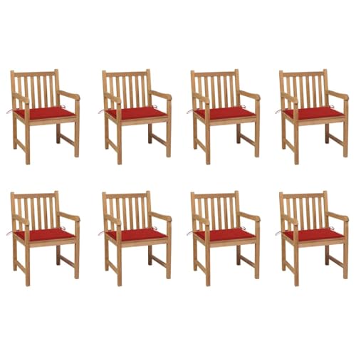 MOBCANT Gartenstühle 8 STK. mit Roten Kissen, Loungestuhl Balkonstühle Relaxstühle Terrassenstühle Geeignet für Rasen Garten Patio Terrasse Massivholz Teak von MOBCANT