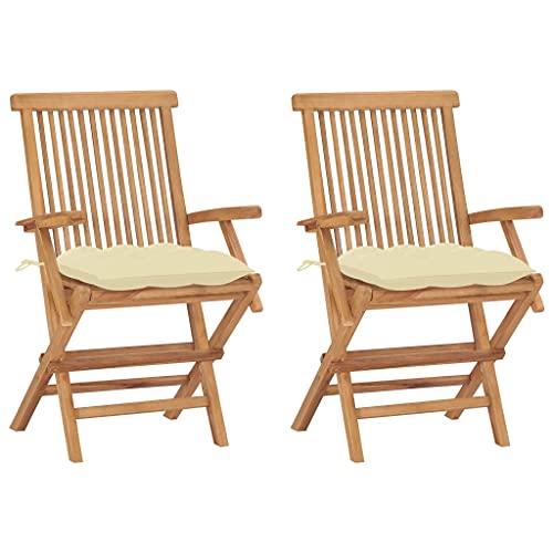 MOBCANT Gartenstühle mit Cremeweißen Kissen 2 STK, Gartenmöbel Balkonstühle Relaxstühle Gartensessel Geeignet für Platz Patio Balkon Rasen Massivholz Teak von MOBCANT