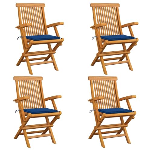MOBCANT Gartenstühle mit Königsblauen Kissen 4 STK, Balkonstühle Loungestuhl Regiestühle Gartenmöbel Geeignet für Rasen Patio Platz Balkon Massivholz Teak von MOBCANT