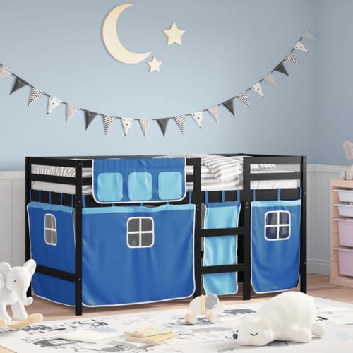 MOBCANT Kinderhochbett mit Vorhängen, Bettgestell Bettstütze Familienbett Polsterbett Geeignet für Gästezimmer Wohnungen Schulen Schlafzimmer Blau 90x200 cm Massivholz Kiefer von MOBCANT