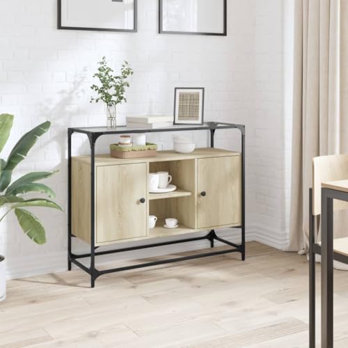MOBCANT Sideboard, Vorratsschrank Mehrzweckschrank Schränke Kaffeebar Geeignet für Korridor Wohnbereich Schlafzimmer Küche mit Glasplatte Sonoma-Eiche 98x35x81 cm Holzwerkstoff von MOBCANT