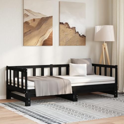 MOBCANT Tagesbett Ausziehbar, Hausbett Futonbett Polsterbett Betten Geeignet für Schlafzimmer Gästezimmer Wohnungen Hotel Schwarz 2X(90x190) cm Massivholz Kiefer von MOBCANT
