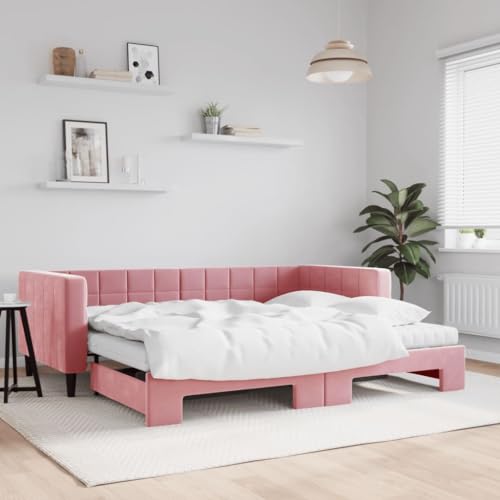 MOBCANT Tagesbett Ausziehbar mit Matratzen, Bett Polsterbett Bettsystem Hausbett Geeignet für Gästezimmer Schulen Schlafzimmer Wohnungen Rosa 90x200 cm Samt von MOBCANT