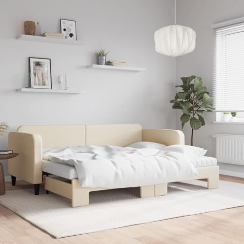 MOBCANT Tagesbett Ausziehbar mit Matratzen, Bettsystem Betten Einzelbett Futonbett Geeignet für Gästezimmer Hotel Wohnungen Schlafzimmer Creme 80x200 cm Stoff von MOBCANT