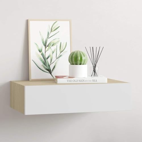 MOBCANT Wandregal mit Schublade Eichen-Optik und Weiß 40x23,5x10 cm MDF, Bücherregal Wand Floating Shelves Schwebendes Regal Regalbrett Verwendbar für Arbeitszimmer Schlafzimmer Badezimmer von MOBCANT