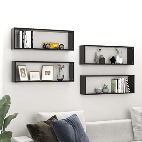 MOBCANT Würfelregale 4Stk. Hochglanz-Schwarz 80x15x26,5cm Holzwerkstoff, Schwebendes Regal Hängeregal Floating Shelves Bücherregal Wand Verwendbar für Schlafzimmer Wohnzimmer Arbeitszimmer Waschküche von MOBCANT