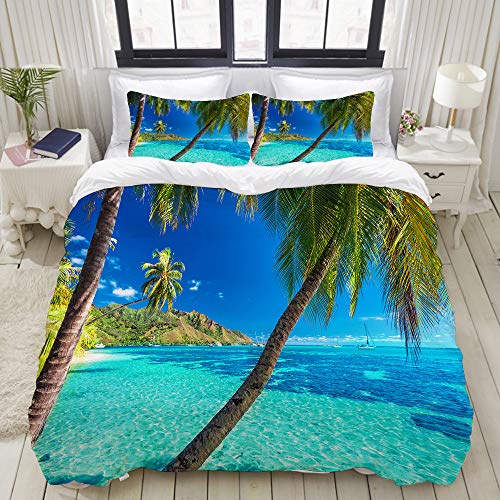 MOBEITI Bettwäsche-Set, Mikrofaser,Ozean, Bild von Einer tropischen Insel mit den Palmen und klarem Seestrand-Thema-Druck,1 Bettbezug 200 x 200cm+ 2 Kopfkissenbezug 80x80cm von MOBEITI