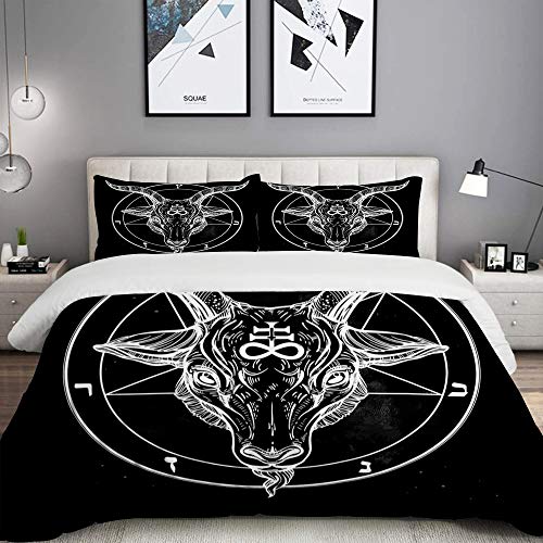 MOBEITI Bettwäsche-Set, Mikrofaser,Pentagramm mit Dämon Baphomet Satanic-Ziegen-Kopf-binäres Symbol-Tätowierungs-Retro- Musik,1 Bettbezug 135 x 200cm+ 2 Kopfkissenbezug 80x80cm von MOBEITI