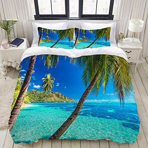 MOBEITI Bettwäsche-Set,Ozean,Bild von Einer tropischen Insel mit den Palmen und klarem Seestrand-Thema-Druck,Dekoratives 3-teiliges Bettwäscheset mit 2 Kissenbezügen,King Size(200 x 200cm) von MOBEITI