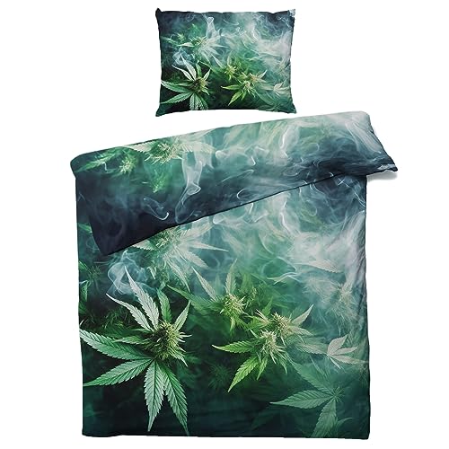 MOBEITI Cannabis Bettwäsche 155x220, Weed Marihuana Blätter Wendebettwäsche, Weiche Kuschelige Mikrofaser Bettbezug Set 2teilig, 1 Kissenbezug 80x80, mit Reißverschluss von MOBEITI