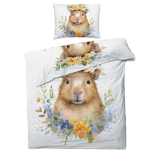 MOBEITI Capybara Bettwäsche 135x200, Tiermotiv Wendebettwäsche, Weiche Kuschelige Mikrofaser Bettbezug Set 2teilig, 1 Kissenbezug 80x80, mit Reißverschluss von MOBEITI