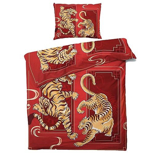 MOBEITI Chinesische Tiger Bettwäsche 135x200, China Style Wendebettwäsche, Weiche Kuschelige Mikrofaser Bettbezug Set 2teilig, 1 Kissenbezug 80x80, mit Reißverschluss - Asiatische Motive 04 von MOBEITI