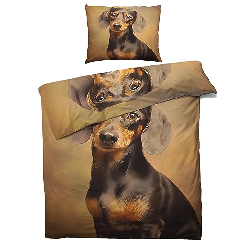 MOBEITI Dackel Bettwäsche 135x200, Hund Motiv Wendebettwäsche, Weiche Kuschelige Mikrofaser Bettbezug Set 2teilig, 1 Kissenbezug 80x80, mit Reißverschluss - Hundemotiv 01 von MOBEITI