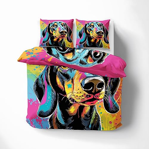 MOBEITI Dackel Bettwäsche 200x220, Bunte Hund Motiv Wendebettwäsche, Weiche Kuschelige Mikrofaser Bettbezug Set 3teilig, 2 Kissenbezug 80x80, mit Reißverschluss - Hundemotiv 03 von MOBEITI