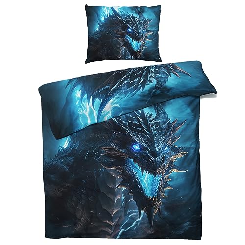 MOBEITI Drache Bettwäsche 140x200, Fantasy Drachenmotiv Wendebettwäsche, Weiche Kuschelige Mikrofaser Bettbezug Set 2teilig, 1 Kissenbezug 70x90, mit Reißverschluss von MOBEITI