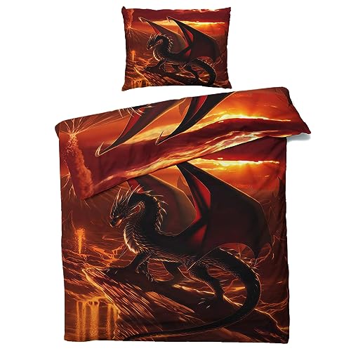 MOBEITI Drachen Bettwäsche 135x200, Fantasy Drachenmotiv Wendebettwäsche für Kinder Jugendliche Junge, Weiche Kuschelige Mikrofaser Bettbezug Set 2teilig, 1 Kissenbezug 80x80, mit Reißverschluss von MOBEITI