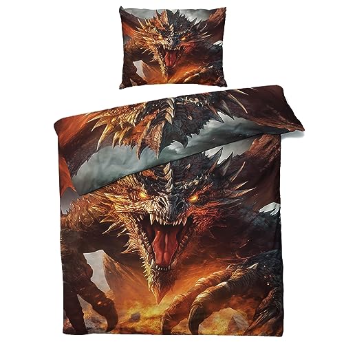 MOBEITI Drachen Bettwäsche 155x200, Fantasy Flammen Drachenmotiv Wendebettwäsche, Weiche Kuschelige Mikrofaser Bettbezug Set 2teilig, 1 Kissenbezug 80x80, mit Reißverschluss von MOBEITI