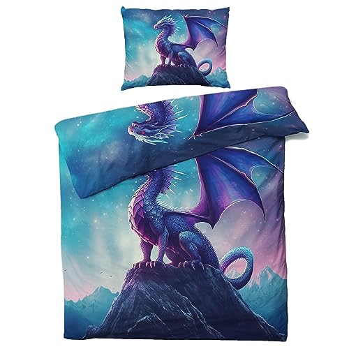 MOBEITI Fantasy Drache Bettwäsche 135x200, Sternenhimmel Drachenmotiv Wendebettwäsche, Weiche Kuschelige Mikrofaser Bettbezug Set 2teilig, 1 Kissenbezug 80x80, mit Reißverschluss von MOBEITI