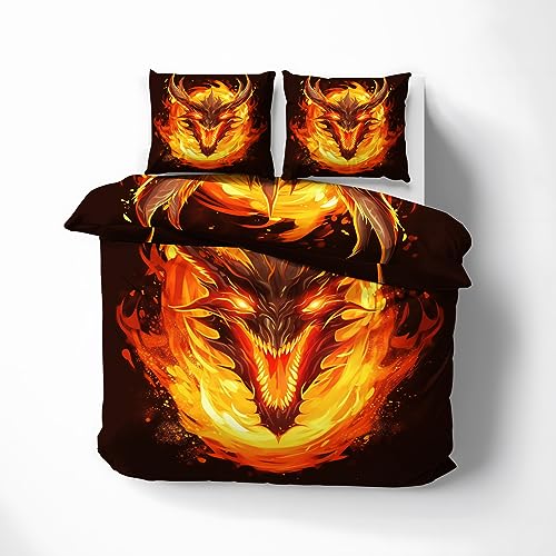 MOBEITI Flammen Drachen Bettwäsche 200x200, Fantasy Drachenmotiv Wendebettwäsche, Weiche Kuschelige Mikrofaser Bettbezug Set 3teilig, 2 Kissenbezug 80x80, mit Reißverschluss von MOBEITI